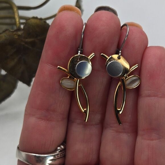 "5/$25" Abstract 2 Tone Silver/Gold Industrial Modernist Dangle Earrings - Picture 5 of 5
